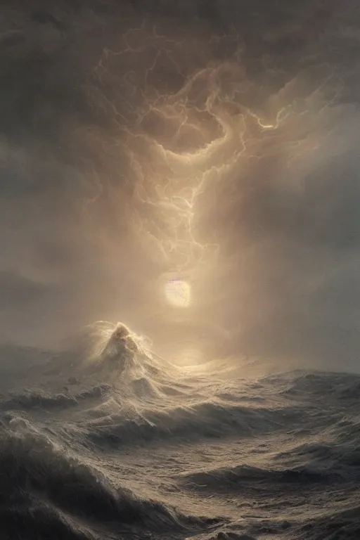 Prompt: Intricate stunning highly detailed water deity emerging from a stormy ocean by agostino arrivabene, Greg Rutkowski , surreal, digital painting, ultra realistic, Horror vacui, beautiful lighting, full moon, thick swirling tornado, artstation