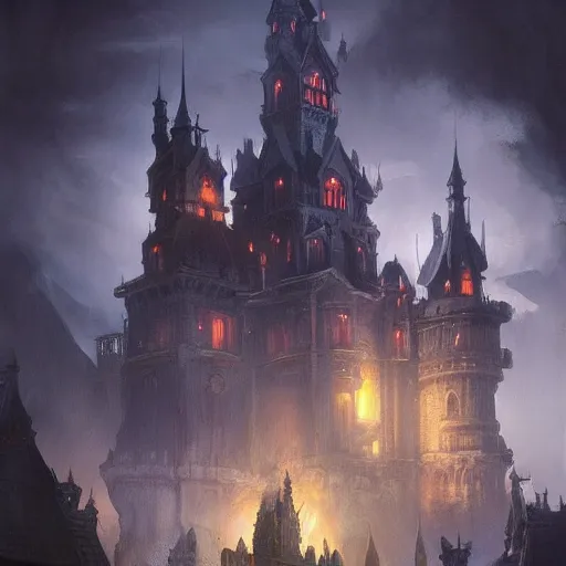Prompt: a fantasy castle, dramatic lighting, city background, chiaroscuro, high detail, painted by greg rutkowski, painted by igor kieryluk, painted by bobby chiu, trending on artstation