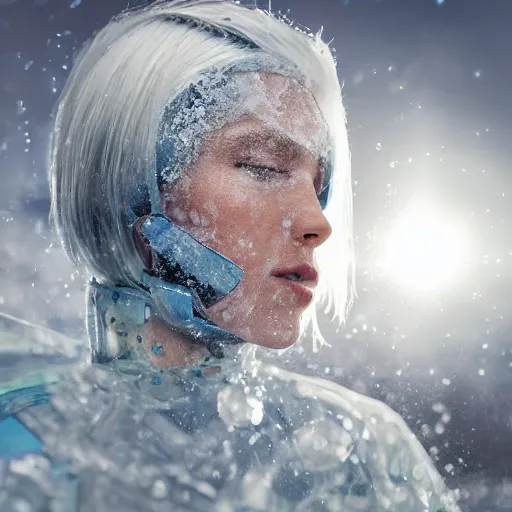 Image similar to futuristic female soldier eyes closed partly submerged in highly viscous clear fluid, frost particles, ice needles, cold blue light, complex hyperdetailed technical suit. white hair flowing. reflection. rays and dispersion of light. volumetric light. 5 0 mm, f / 3 2. noise film photo. ultra realistic, wide angle.