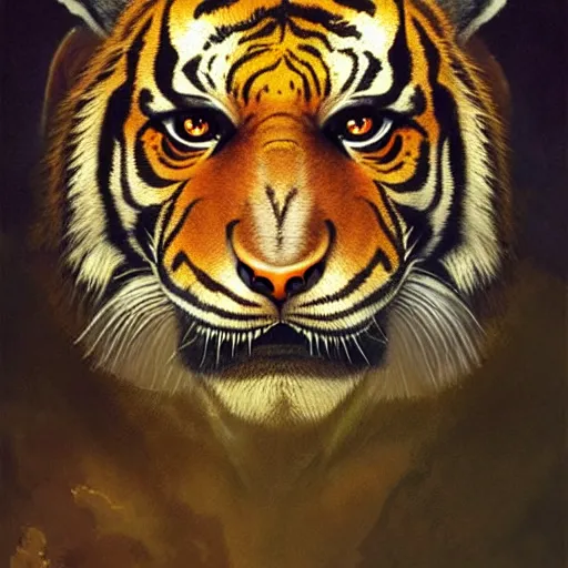 Image similar to head and shoulders portrait of a tiger - headed rakshasa, d & d, fantasy, greg rutkowski, frank frazetta, alexandre chaudret, boris vallejo, michael whelan, miro petrov, hr giger, magali villeneuve, donato giancola