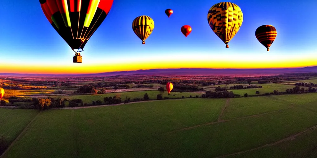 Image similar to hot air balloons, sunset, beautiful landscape, wide angle