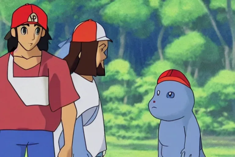 Image similar to “ a still of jesus as ash ketchum ’ s pokemon in the pokemon animated series ”