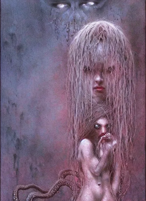Prompt: lovecraftian girl by Beksinski and Luis Royo