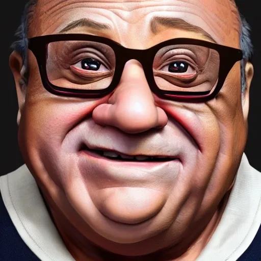 Image similar to hyperrealistic mixed media realistic sculpture of danny devito, stunning 3 d render inspired art by xiang duan and thomas eakes, perfect facial symmetry, hyper realistic texture, realistic, highly detailed attributes and atmosphere, dim volumetric cinematic lighting, 8 k octane detailed render, post - processing, masterpiece,