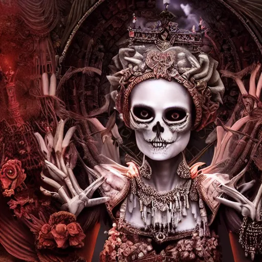 Image similar to a beautiful detailed 3d matte painting of female goddess of the dead, ominous, magical realism, texture, intricate, ornate, royally decorated, skull, skeleton, whirling smoke, embers, red adornements, 8k