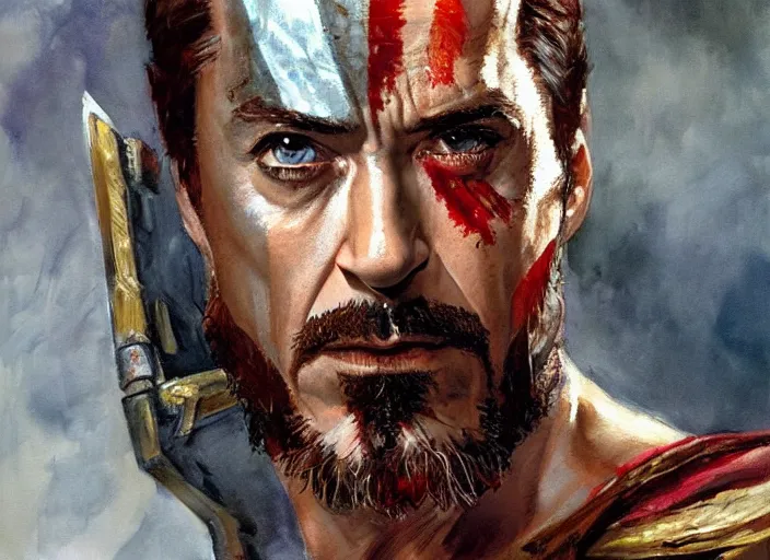 Image similar to a highly detailed beautiful portrait of robert downey jr as kratos, by gregory manchess, james gurney, james jean