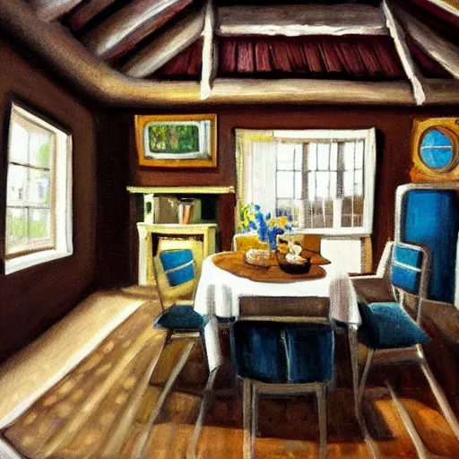 Image similar to painting of an alien house interior, cosy