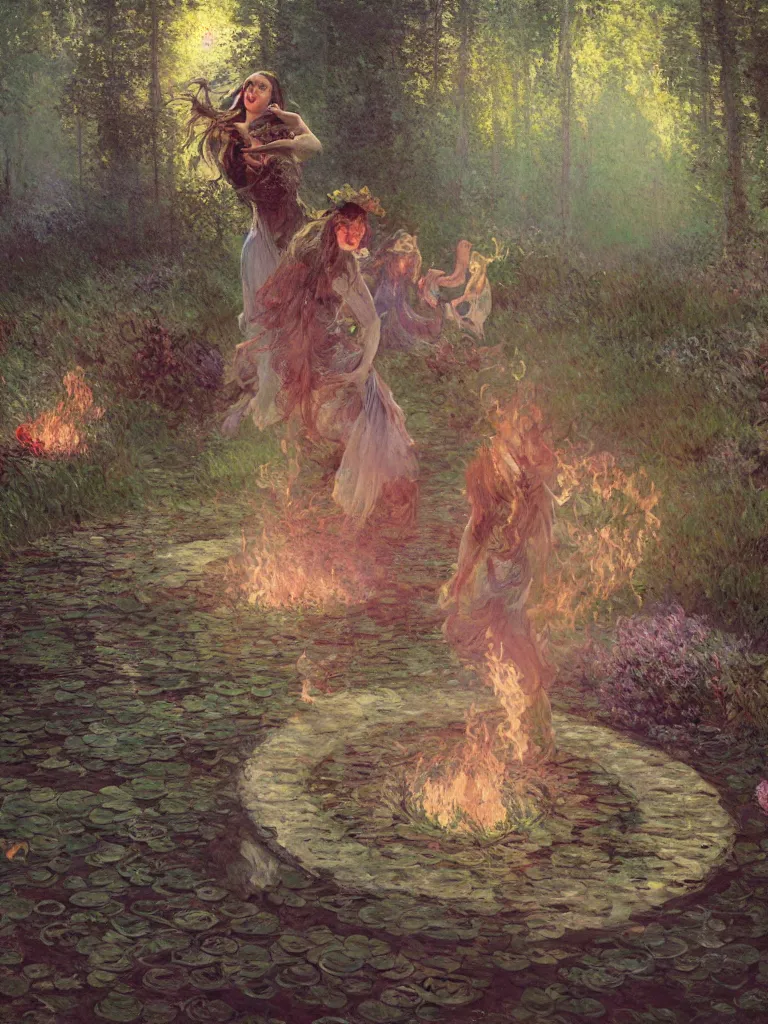 Image similar to illustration studio portrait of witches dancing and floating around a big firepit in artistic poses at the forest in a witch's dark coven, monet painterly motives and textures pattern, hyper detailed, octane render, vivid colors, artstation, by jeremy mann, by alphonse mucha, by monet