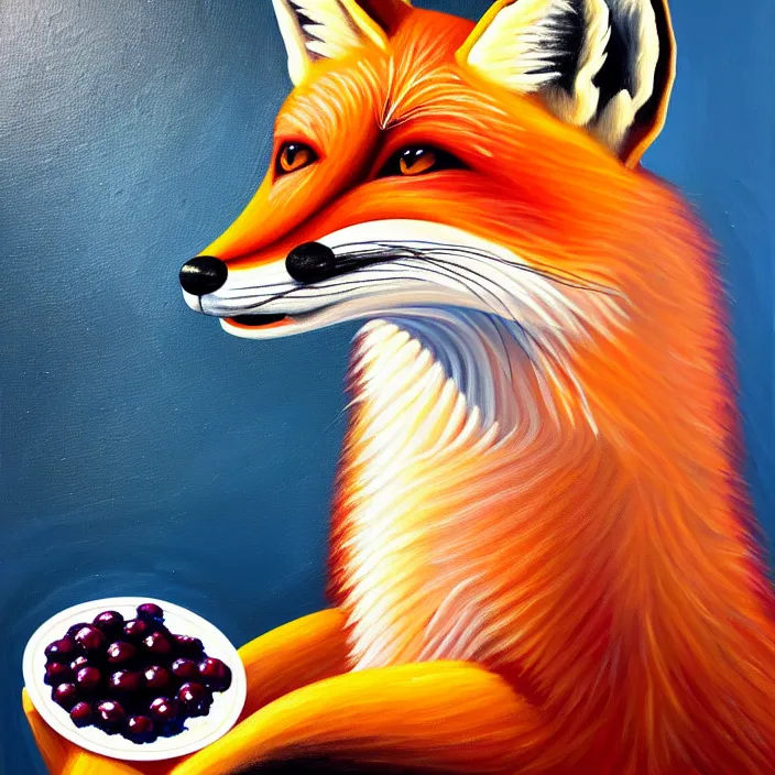 Prompt: a painting of a photorealistic anthropomorphic male red fox in a nice suit eating a slice of blueberry pie, oil on canvas, soft lighting, vivid colors