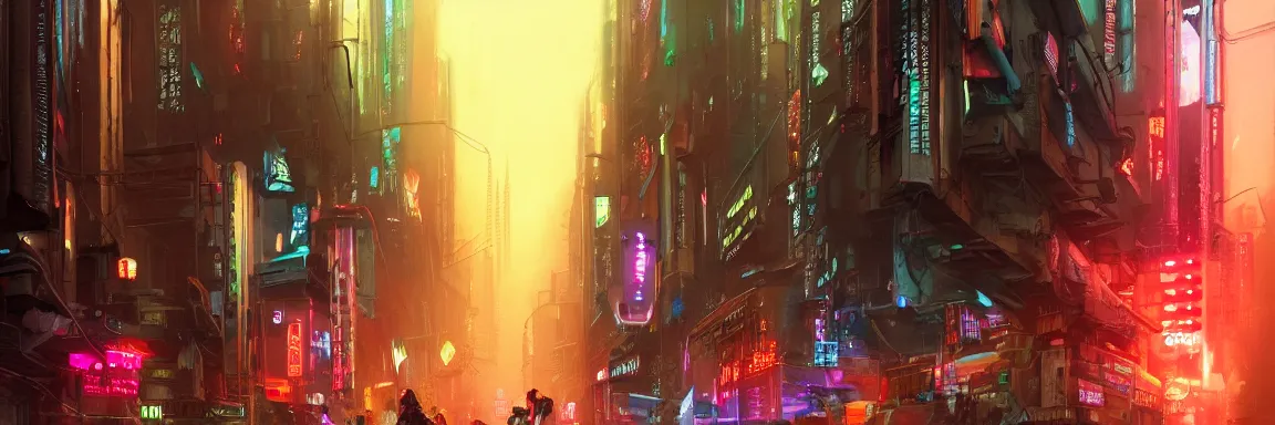 Image similar to overly crowded street of a cyberpunk city, rain, harsh neon lights, highly detailed, digital painting, trending on artstation, concept art, sharp focus, illustration, art by artgerm and greg rutkowski and magali villeneuve