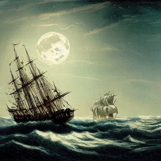 Prompt: moonlit ocean, stars in sky, leviathan attacking pirate ship flying in the sky by peter balke