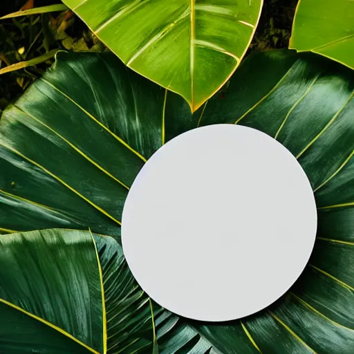 Image similar to a blank disc, reflecting tropical plants