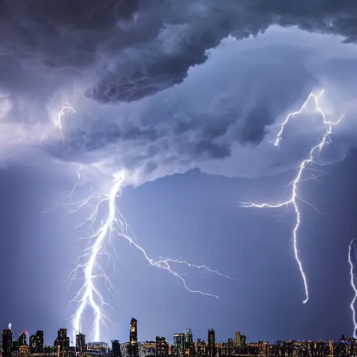 Image similar to lightning striking the World Trade Center, hyperrealistic, apocalyptic, blue, thunderstorm, night, award winning, 8k