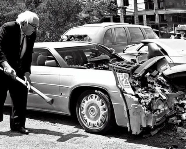 Prompt: bernie sanders smashing a cadillac deville into pieces with a sledgehammer