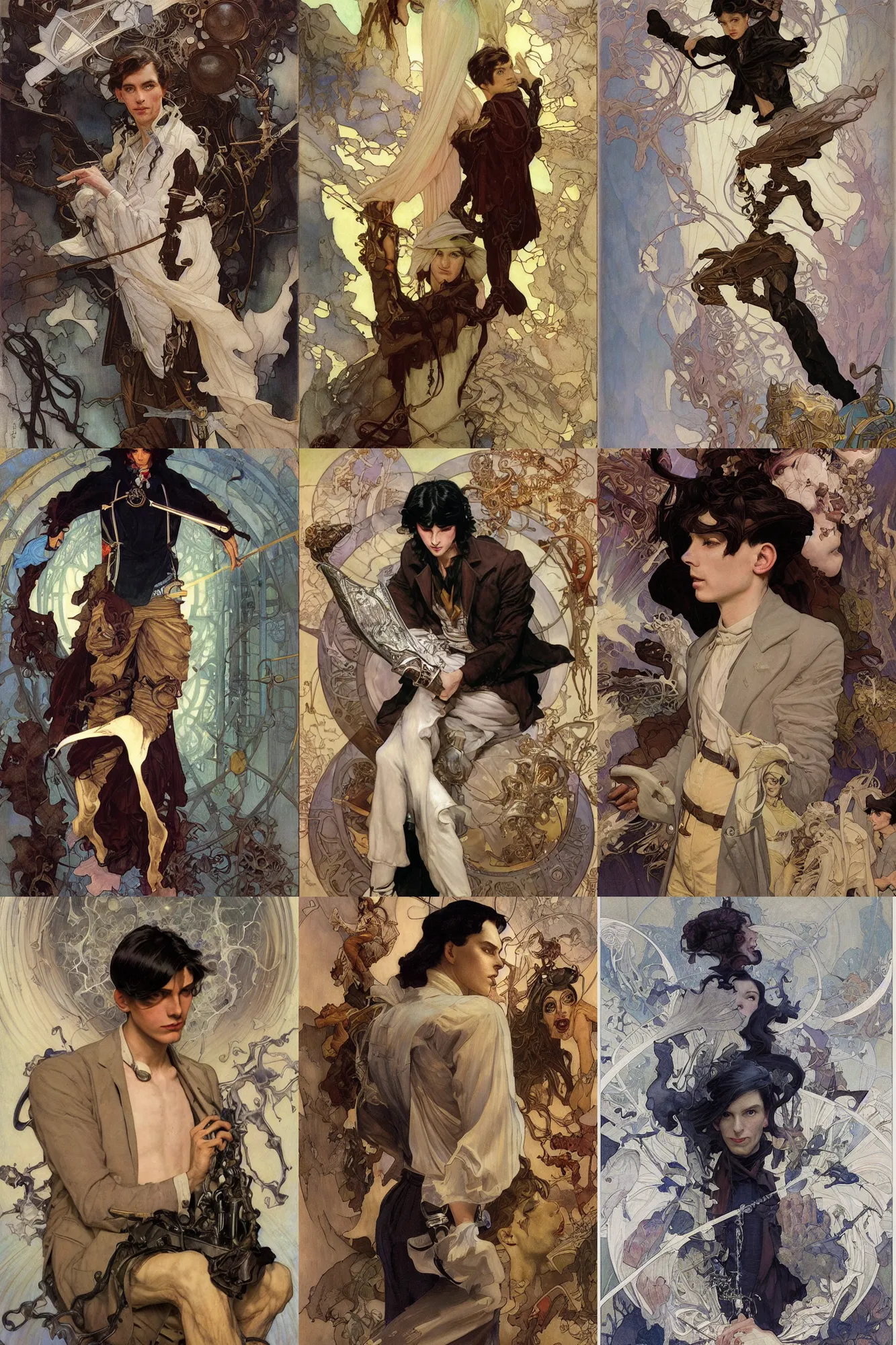 Prompt: thin young male alchemist, long dark hair, silver, 1 9 2 0 s fashion, fantasy, art by joseph leyendecker, donato giancola, dean cornwell, peter mohrbacher, ruan jia, marc simonetti, ayami kojima, cedric peyravernay, alphonse mucha, thomas kinkade, victo ngai