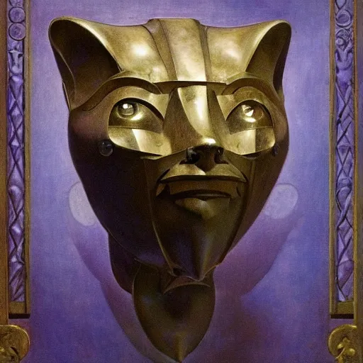 Image similar to masterpiece sculpture of a mechanical robot cat head mask, by annie swynnerton and diego rivera and nicholas roerich and jean delville, symbolist, dramatic lighting, god rays, elaborate geometric ornament, art brut, soft colors, smooth, sharp focus, extremely detailed, adolf wolfli and ( donato giancola )