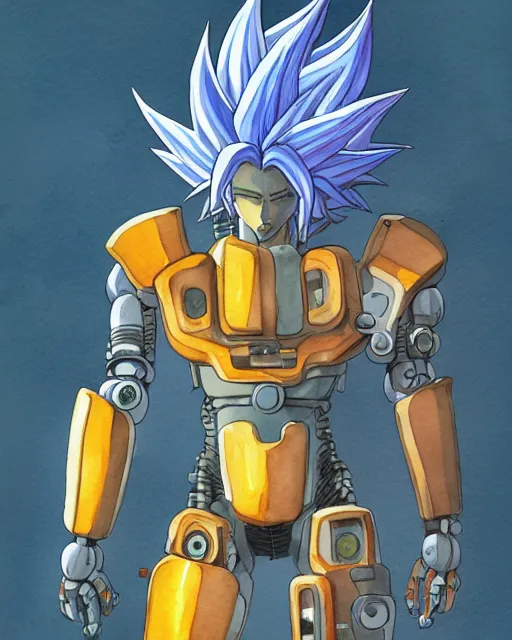 Image similar to a watercolor painting full body character portrait of a cybernetic half robot super saiyan in the style of moebius in the style of leonard boyarsky trending on artstation deviantart pinterest hyper detailed photorealistic highlights and shadow hd 8 k post - processing high resolution