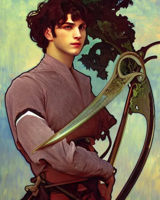 Prompt: Hyper realistic painting of a lean built young man in his twenties holding a rapier, sharp face, handsome, dark hair, fantasy art, by Alphonse Mucha, rich deep moody colors