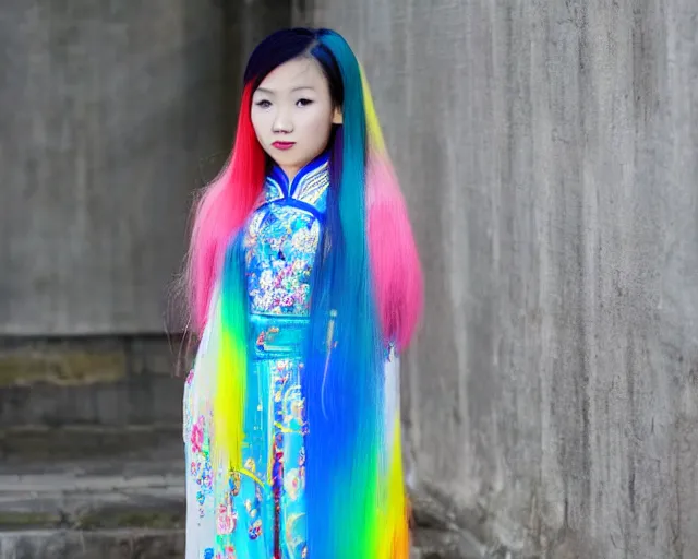 Image similar to vietnamese girl with rainbow hair wearing an ao dai