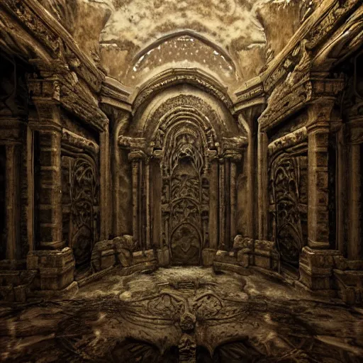 Prompt: gothic georgian temple manor, baroque in the style of h. r. giger and zdzisław beksinski, demons, decaying, fog mist, 8 k, artstation, unreal engine, octane render, hdr, sci - fi, surrealistic digital art, dystopian, hyperrealism, glow, concept art, grand scale, photorealistic rendered in octane