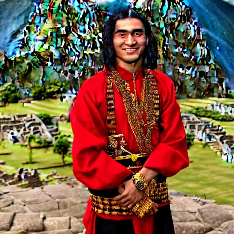 Prompt: A photo of Emperor Kuzco!!!!!!!!!!!!!!!! in his early 20s, peruvian looking, with his long black hair, beardless, smiling with confidence, and wearing!!! his red emperor clothes. Portrait by Terry Richardson. Golden hour. 8K. UHD. Machu Picchu as background.