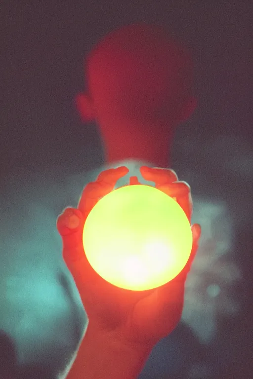 Image similar to agfa vista 4 0 0 photograph of a guy holding a glowing ball of magic, back view, synth vibe, vaporwave colors, lens flare, moody lighting, moody vibe, telephoto, 9 0 s vibe, blurry background, grain, tranquil, calm, faded!,