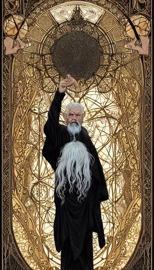 Image similar to an old man with a light, a black cloak and a white beard, highly detailed, very intricate, art nouveau, gold filigree, left right symmetry, tarot concept art watercolor illustration by mandy jurgens and alphonse mucha and alena aenami, featured on artstation