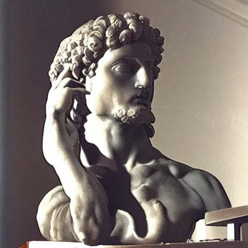 Image similar to A photo of Michelangelo’s sculpture of David wearing headphones DJing