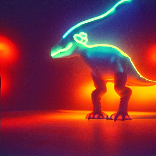 Image similar to electric blue glowing baby dinosaurs in tron movie, cinestill