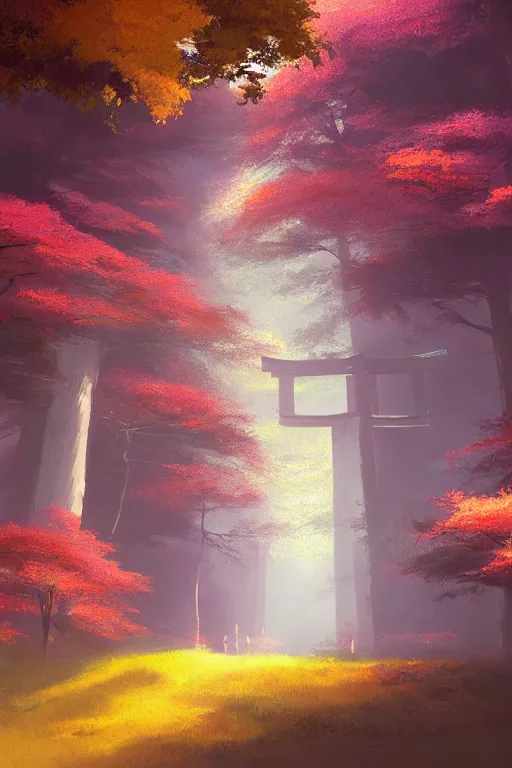 Image similar to Japanese Torii in a colorful moutain with trees ,morning , by Grzegorz Rutkowski, concept art