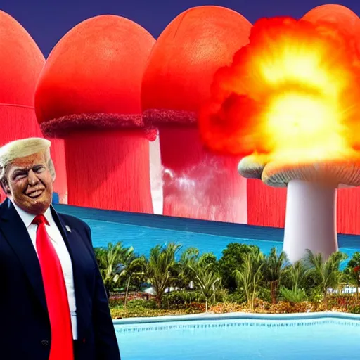 Prompt: trump pushing a big scary red button while lounging poolside with a cocktail, nuclear mushroom cloud in the background, highly detailed, high definition, ultra realistic