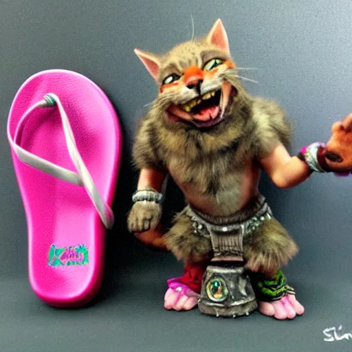 Prompt: a crazy dwarf tabaxi wearing pink flip flops, laughing hysterically