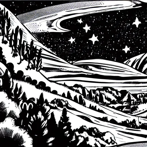 Image similar to black and white comic illustration of a scenic valley with a sky full of galaxies