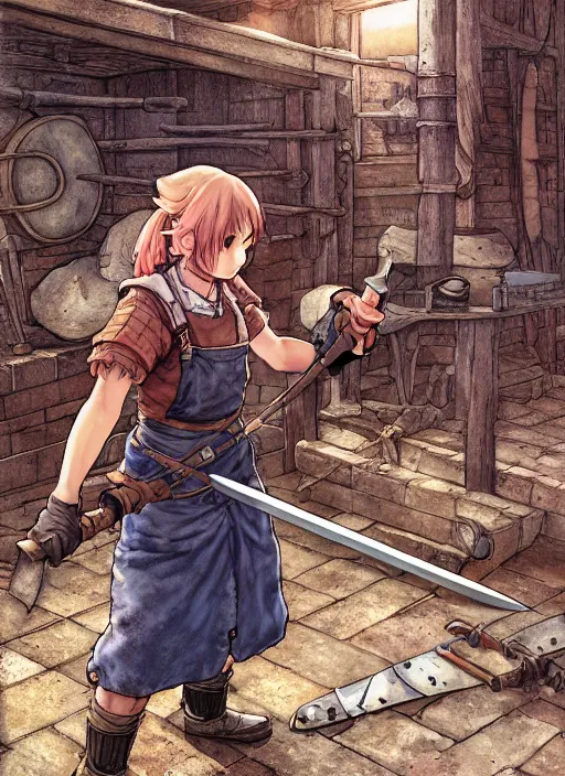 Prompt: character portrait of a blacksmith tomboy making a sword at the smithy, hidari, color page, tankoban, 4K, tone mapping, Akihiko Yoshida.