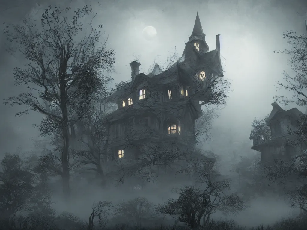 Image similar to house on the haunted hill, horror, creepy, surreal, dreamscape, high quality, ultradetailed, sharp, artstation, 8 k, volumetric fog