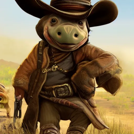 Prompt: cute little anthropomorphic tortoise in Red Dead Redemption 2 (2018 videogame) cover art, ultra wide lens shot , tiny, swine, hug, small, short, cute and adorable, pretty, beautiful, DnD character art portrait, matte fantasy painting, DeviantArt Artstation, by Jason Felix by Steve Argyle by Tyler Jacobson by Peter Mohrbacher, cinematic lighting