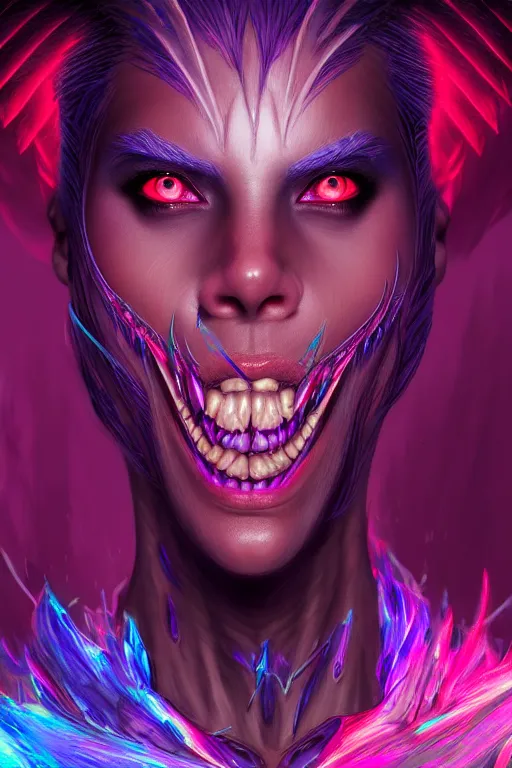 Image similar to hyper detailed ultra sharp of a beautiful azazello is one of the demonic and mystical characters in the work, a negative character in biblical stories, a fallen angel who opposed the will of god. various reference for artists, facial expressions, trending on artstation, neon colors, hyper detailed, digital art, cinematic lighting, concept art by artgerm, 8 k