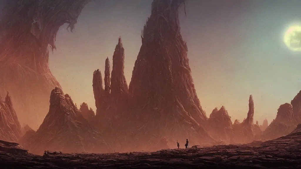 Image similar to eerie atmospheric alien planet with biomechanical plants and the ruins of civilization by les edwards and vincent di fate and anato finnstark, epic cinematic matte painting