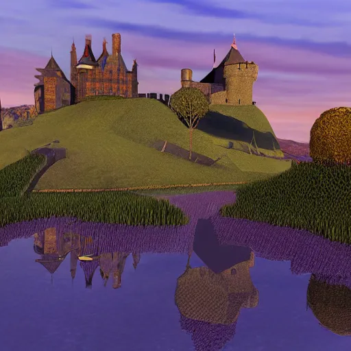 Image similar to a beautiful landscape with a couple of castles in a couple of farms next to the castle interact with the lighting super duper hyper - realistic