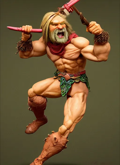 Image similar to flesh - toned heman anthropomorphic pea legume action figure, spherical green head, diffuse lighting, photographic fantasy, intricate detail, elegant, highly detailed, lifelike, photorealistic, artstation, art by john collier, frank frazetta, albert aublet, krenz cushart, artem demura and alphonse mucha