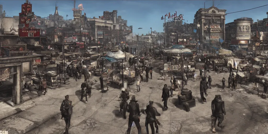 Image similar to a busy town square, fallout style, fallout 3, fallout 4, fallout 7 6, post - apocalyptic, digital art, 4 k,