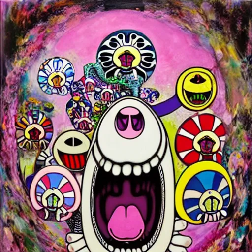 Image similar to pink scream by takashi murakami and h.r. giger, full body, oil on canvas, intricately detailed artwork, full 8k high quality resolution, recently just found unknown masterpiece