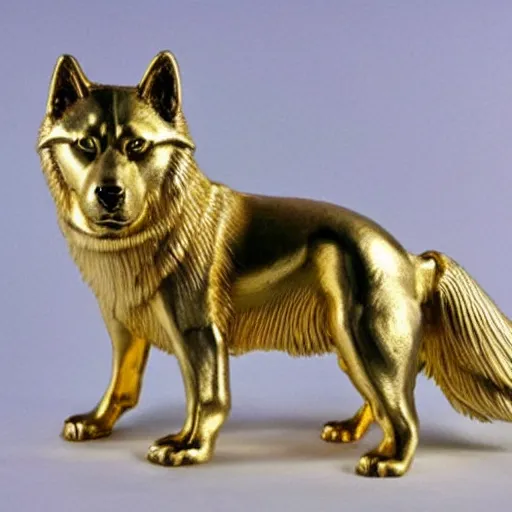 Prompt: gold sculpture of a husky, highly detailed, engraved