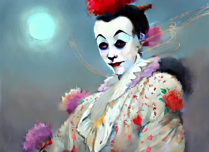 Image similar to award winning digital art of a beautiful elegant pierrot jester wearing a traditional pierrot outfit, performing at a magnificent carnival, beautiful background, trending artstation, digital art, aesthetic, bloom, intricate, elegant, sharp focus, digital illustration, highly detailed, octane render, digital painting, concept art, art by ruan jia and greg rutkowski and sachin teng, masterpiece