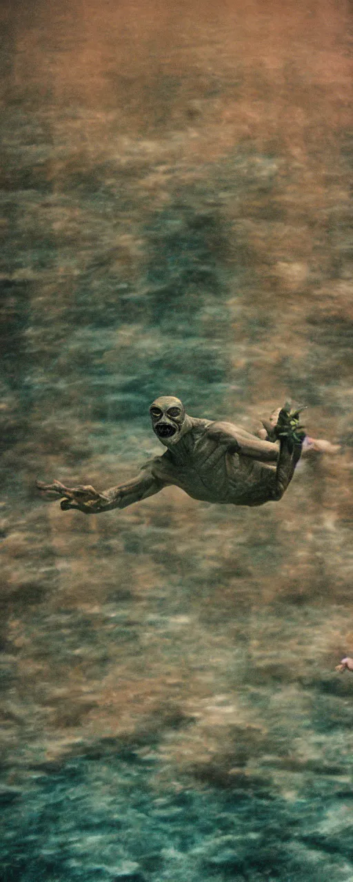 Image similar to an ultra wide colour 3 5 mm film photo of a terrifying half reptile half humanoid hybrid creature, hunting underwater in a public swimming pool, liminal spaces, ritual occult gathering, film grain