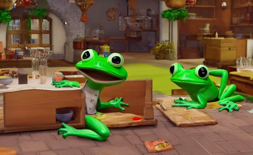 Image similar to ps 5 game about a cute frog chef in italy, unity screenshot,