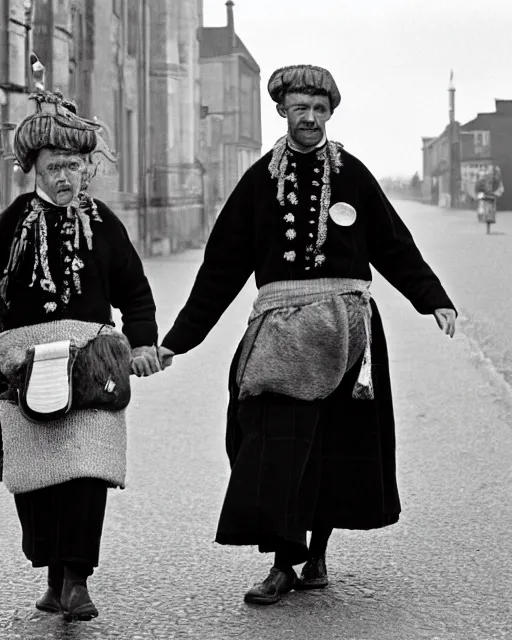 Image similar to Award winning reportage photo of Welsh Natives wearing traditional garb by Garry Winogrand and Dian Arbus, 85mm ND 5, perfect lighting, gelatin silver process