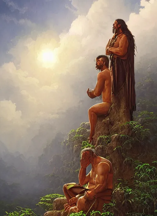 Image similar to an indigenous man sitting and praying in the jungle, while old faces of his ancestors watch over him in the clouds, art by christophe vacher