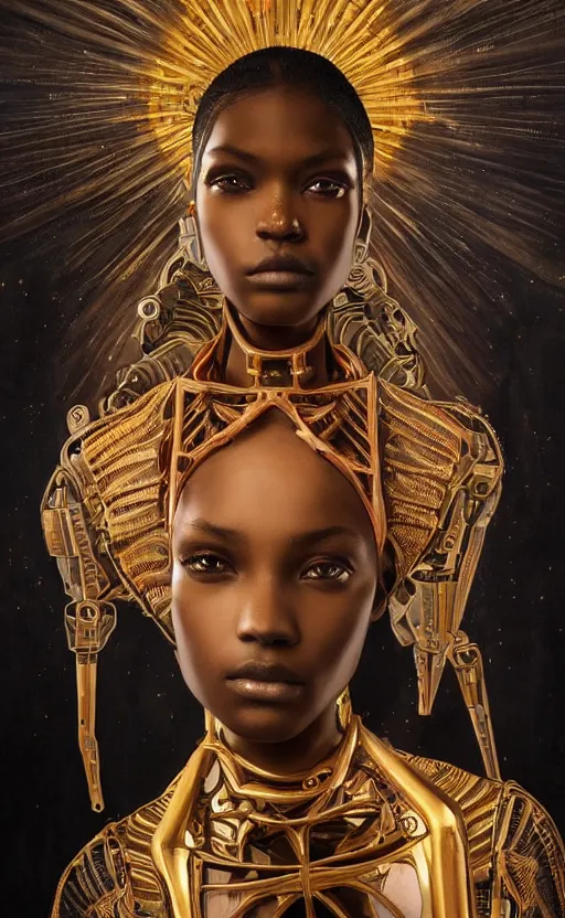 Prompt: beautiful painting of a stunning young cyborg muse in ornate royal fabric, beautiful ebony skin tone, piercing glowing eyes, sci fi scenery, mural in the style of sandro botticelli, caravaggio, albrecth durer