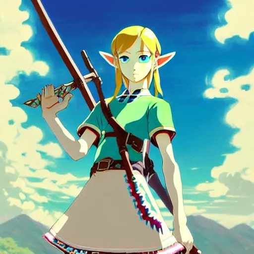 Image similar to a beautiful! young feminine link from botw, wearing japanese catholic school girl outfit with mayan pattern and native style, aztec street fashion, guilty gear art direction, perfect anime face, gapmoe yandere grimdark, trending on pixiv fanbox, painted by greg rutkowski makoto shinkai takashi takeuchi studio ghibli, akihiko yoshida